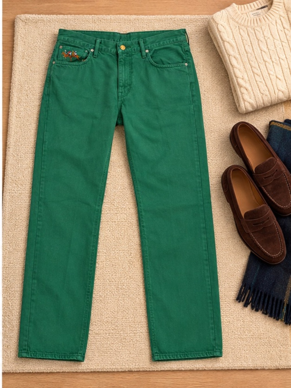 Polo Jeans Co Ralph Lauren Green Embroidered Classic Fit Jeans size 35x32